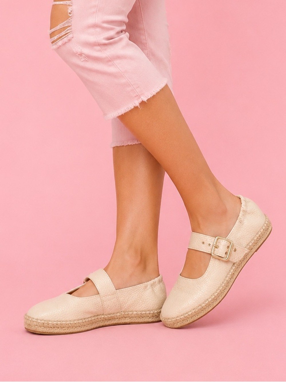 JUTELIA Cream Pebbled Leather Mary Jane Espadrille Flats Buckle Strap Size
37 /7